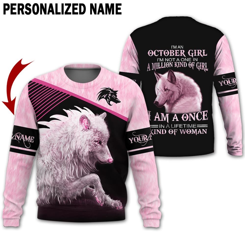 Presonalized Name Birthday Outfit October Girl 3D All Over Printed Wolf Pink Birthday Shirt TO2840