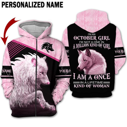 Presonalized Name Birthday Outfit October Girl 3D All Over Printed Wolf Pink Birthday Shirt TO2840