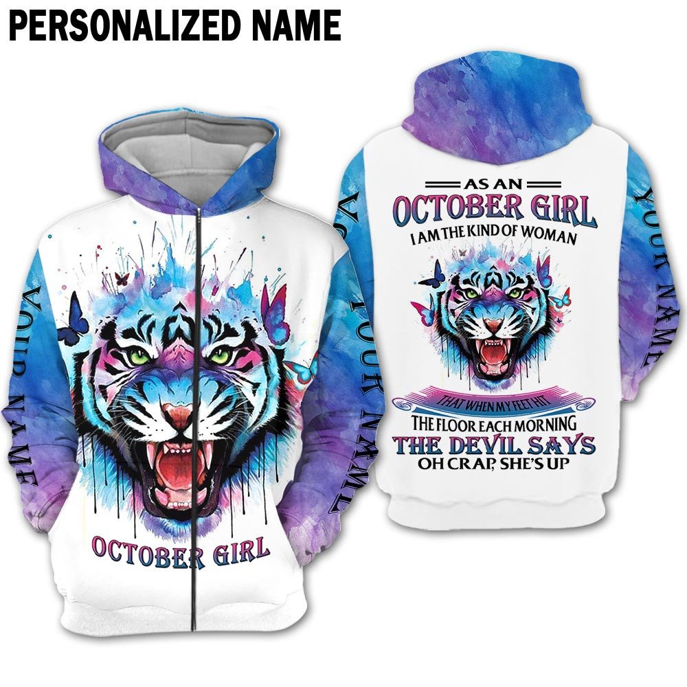 Presonalized Name Birthday Outfit October Girl 3D All Over Printed Tiger Blue Pating Birthday Shirt TO2831