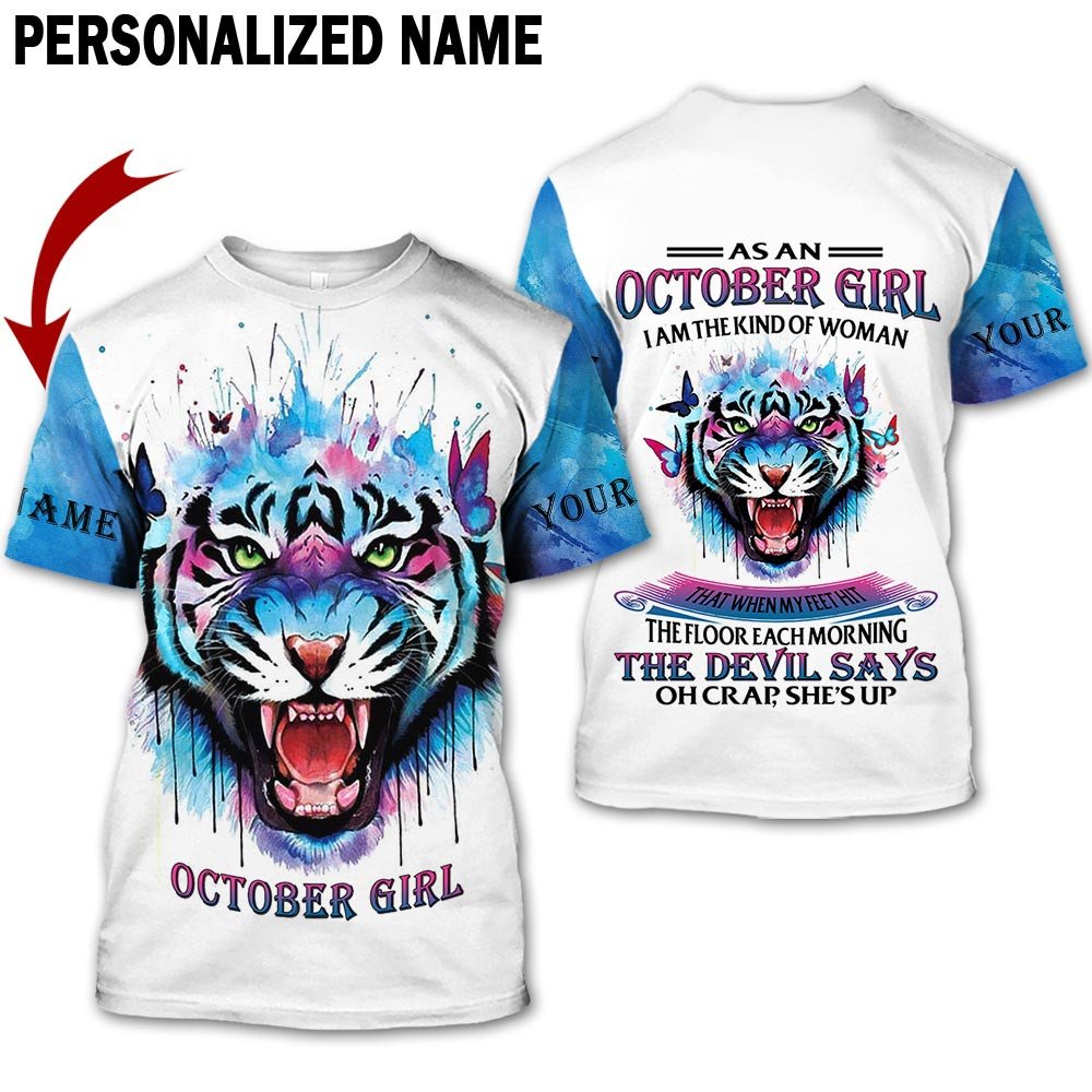 Presonalized Name Birthday Outfit October Girl 3D All Over Printed Tiger Blue Pating Birthday Shirt TO2831