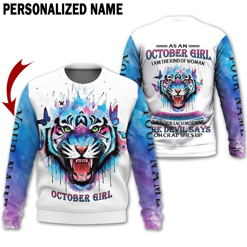 Presonalized Name Birthday Outfit October Girl 3D All Over Printed Tiger Blue Pating Birthday Shirt TO2831