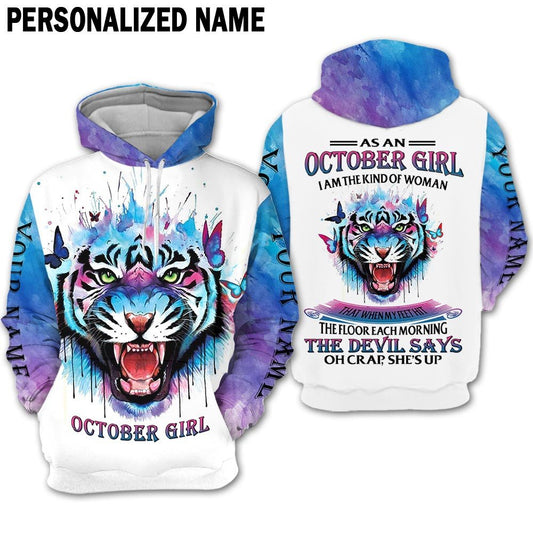 Presonalized Name Birthday Outfit October Girl 3D All Over Printed Tiger Blue Pating Birthday Shirt TO2831