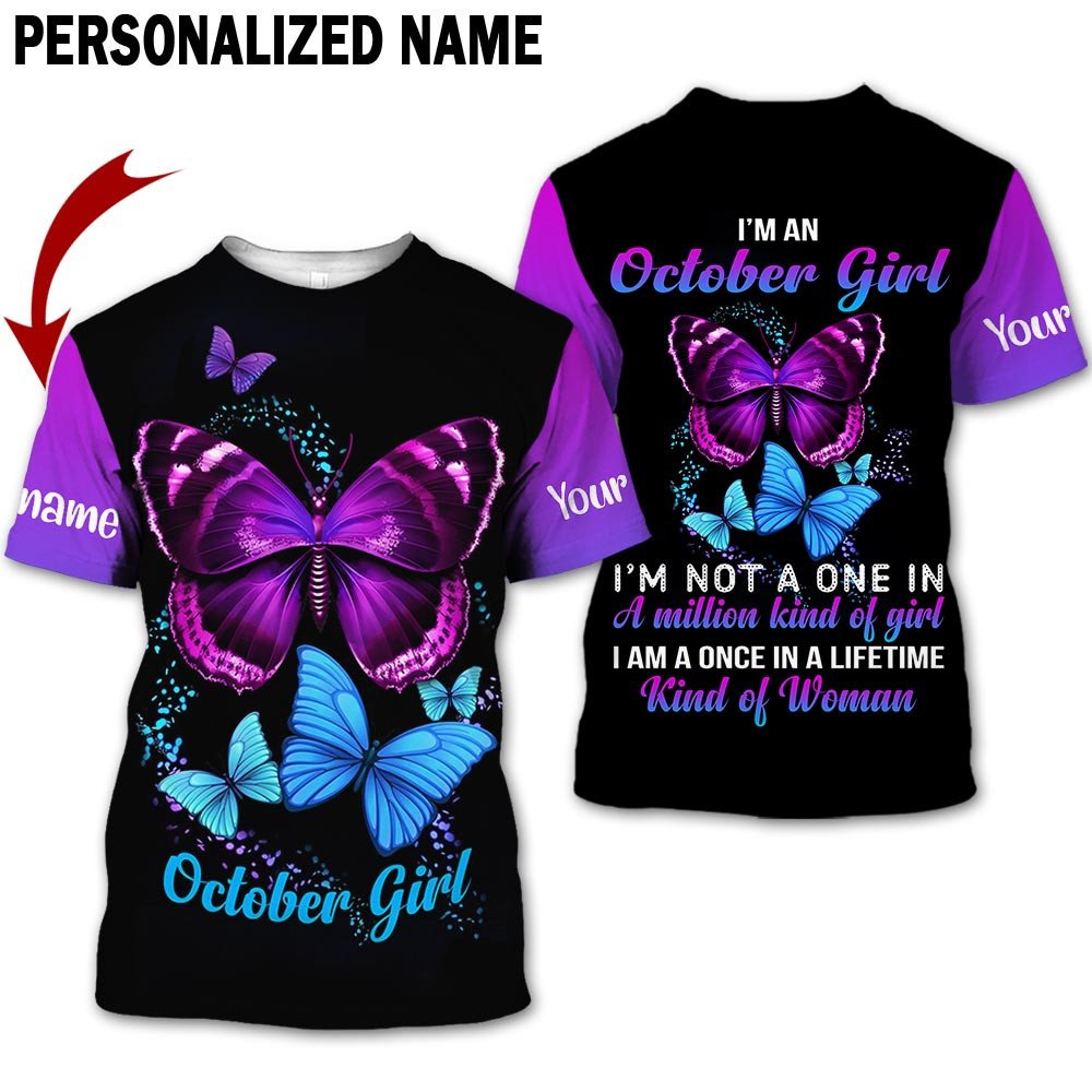 Presonalized Name Birthday Outfit October Girl 3D All Over Printed Bufterfly Purple And Blue Birthday Shirt TO2825