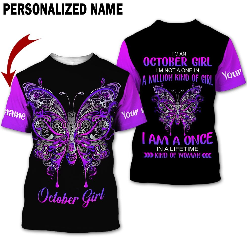 Presonalized Name Birthday Outfit October Girl 3D All Over Printed Bufterfly Purple Birthday Shirt TO2836