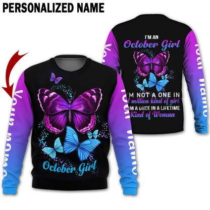 Presonalized Name Birthday Outfit October Girl 3D All Over Printed Bufterfly Purple And Blue Birthday Shirt TO2825