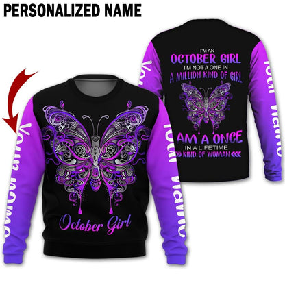 Presonalized Name Birthday Outfit October Girl 3D All Over Printed Bufterfly Purple Birthday Shirt TO2836