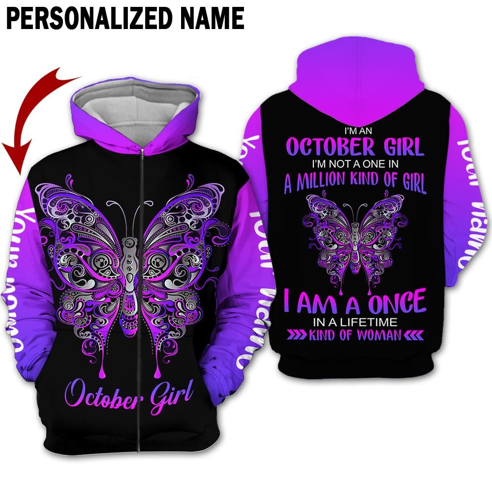 Presonalized Name Birthday Outfit October Girl 3D All Over Printed Bufterfly Purple Birthday Shirt TO2836