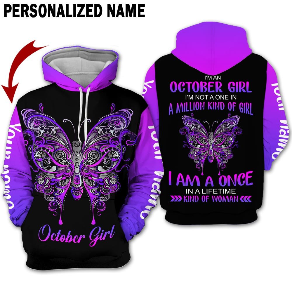 Presonalized Name Birthday Outfit October Girl 3D All Over Printed Bufterfly Purple Birthday Shirt TO2836