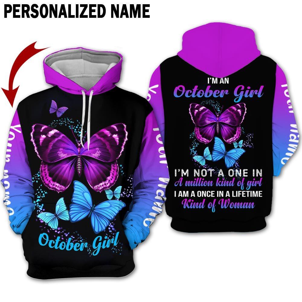 Presonalized Name Birthday Outfit October Girl 3D All Over Printed Bufterfly Purple And Blue Birthday Shirt TO2825