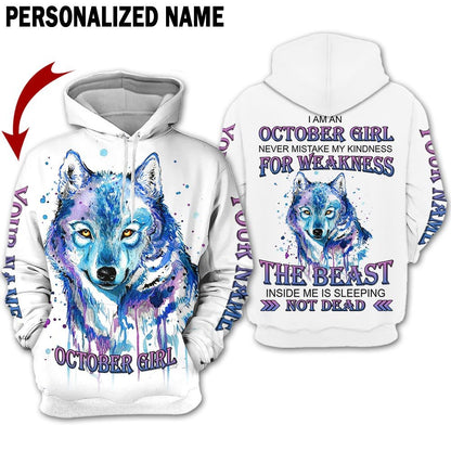 Presonalized Name Birthday Outfit October Girl 3D All Over Printed Wolf Panting Birthday Shirt TO2833