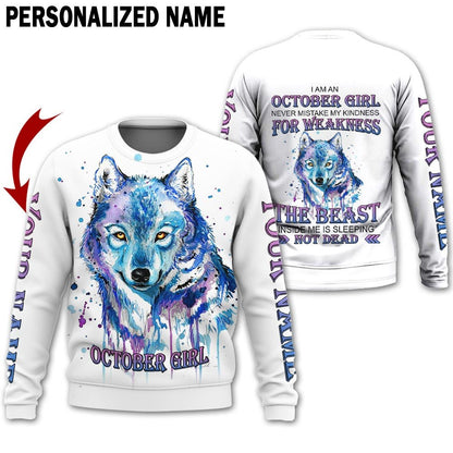 Presonalized Name Birthday Outfit October Girl 3D All Over Printed Wolf Panting Birthday Shirt TO2833