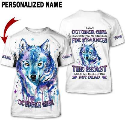 Presonalized Name Birthday Outfit October Girl 3D All Over Printed Wolf Panting Birthday Shirt TO2833