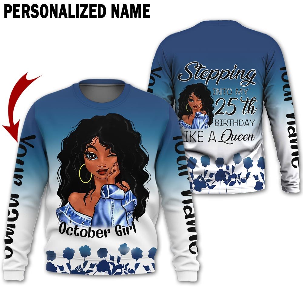 Personalized Name Birthday Outfit October Girl Blue Flower 25th Birthday Shirt For Women TO2827