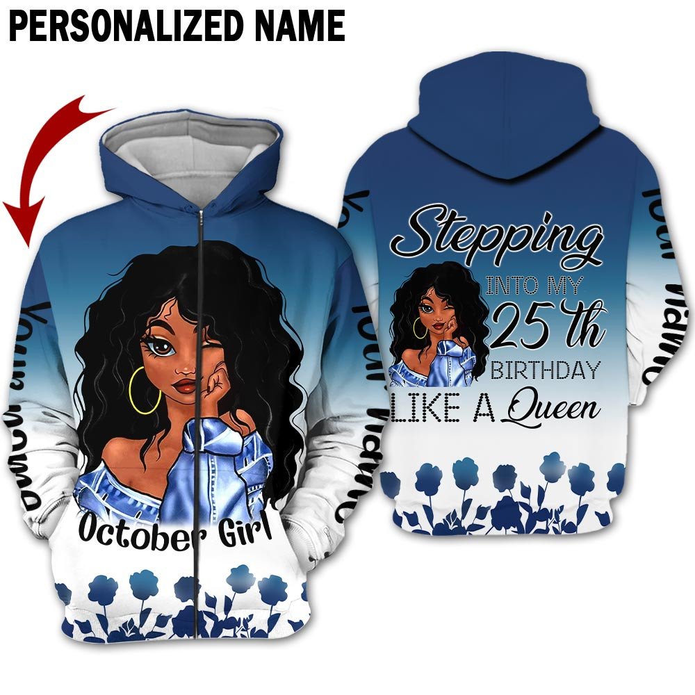 Personalized Name Birthday Outfit October Girl Blue Flower 25th Birthday Shirt For Women TO2827