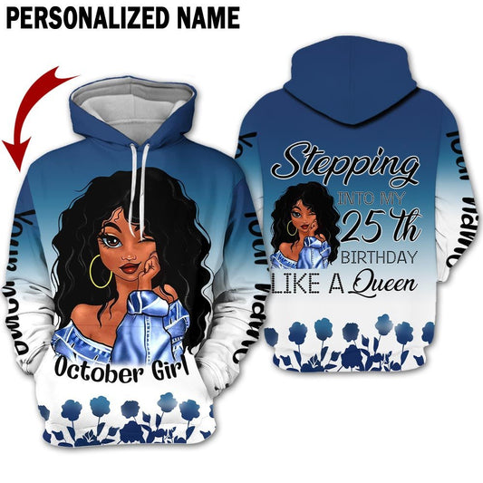 Personalized Name Birthday Outfit October Girl Blue Flower 25th Birthday Shirt For Women TO2827