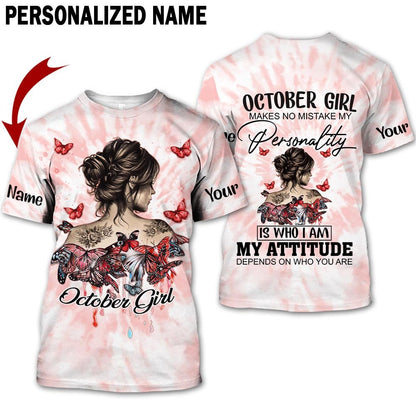 Personalized Name Birthday Outfit October Girl Hippie Bufterfly Red Birthday Shirt For Women TO2823