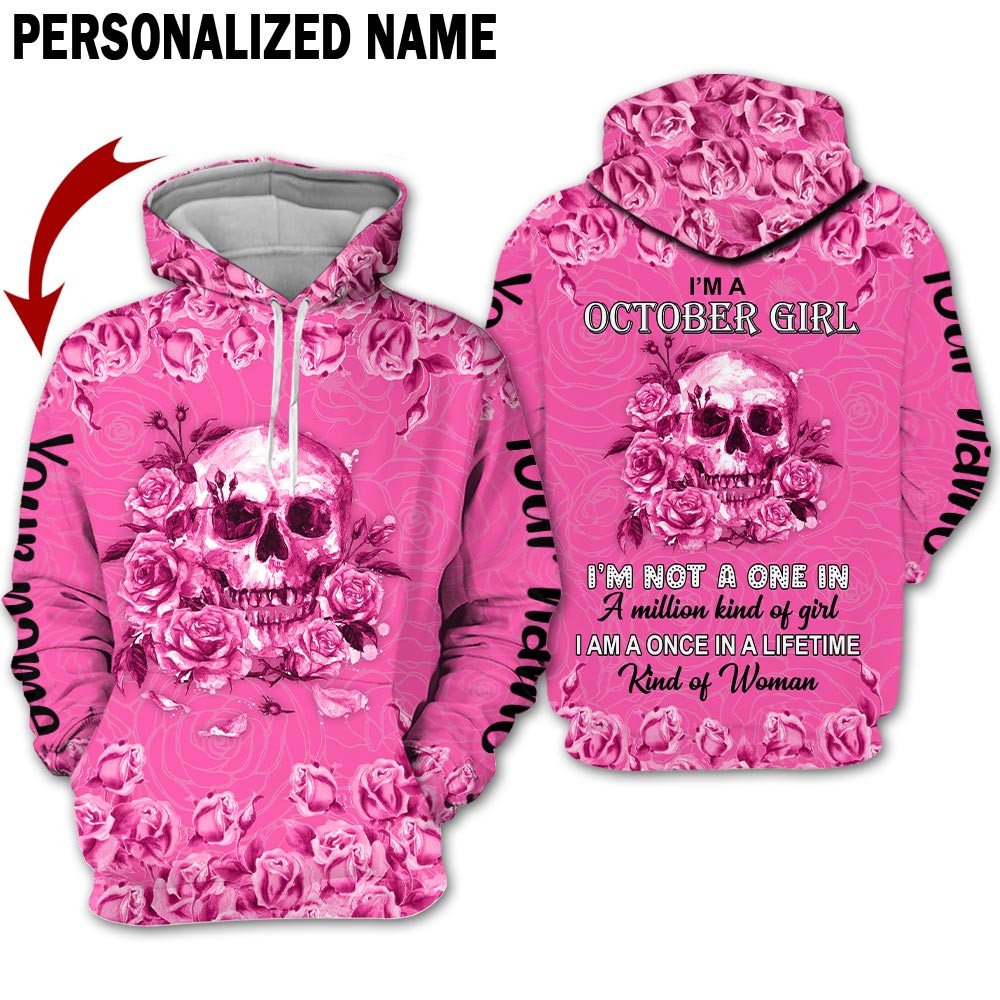 Personalized Name Birthday Outfit October Girl Skull Flower Pink Pink Birthday Shirt For Women TO2824