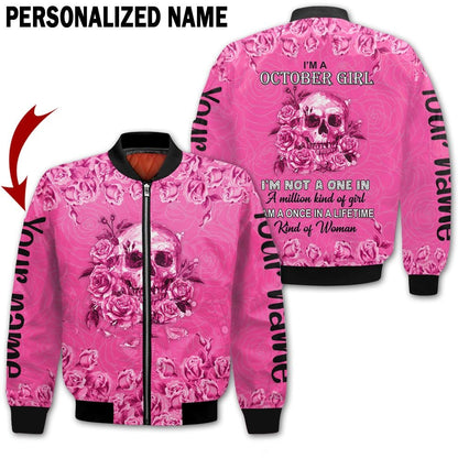 Personalized Name Birthday Outfit October Girl Skull Flower Pink Pink Birthday Shirt For Women TO2824