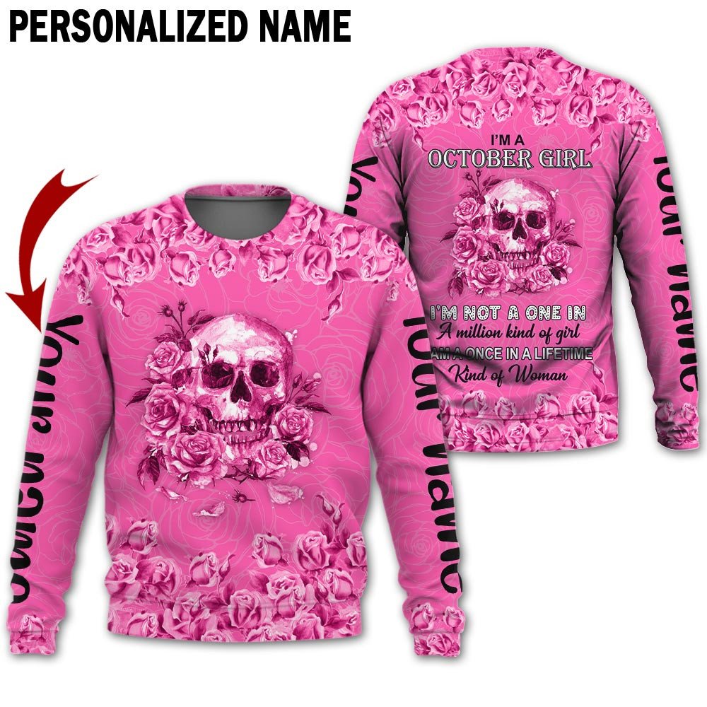 Personalized Name Birthday Outfit October Girl Skull Flower Pink Pink Birthday Shirt For Women TO2824