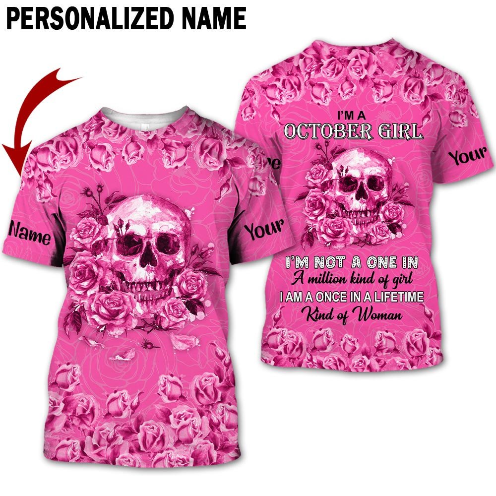 Personalized Name Birthday Outfit October Girl Skull Flower Pink Pink Birthday Shirt For Women TO2824