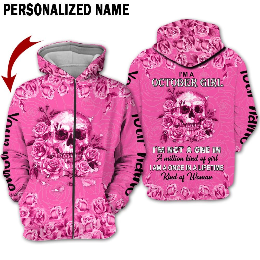 Personalized Name Birthday Outfit October Girl Skull Flower Pink Pink Birthday Shirt For Women TO2824