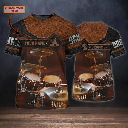 3D Print Brown T Shirt For A Drummer, Drum Print On Shirt Leather Pattern, Custom Shirt For A Drummer TO2522