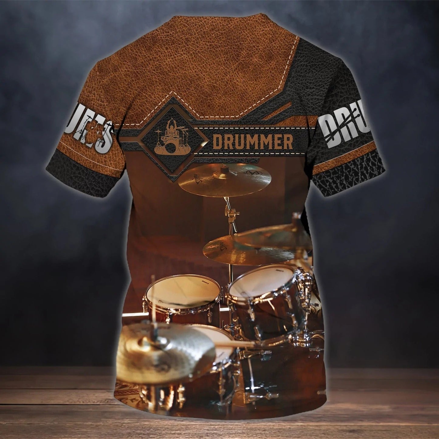 3D Print Brown T Shirt For A Drummer, Drum Print On Shirt Leather Pattern, Custom Shirt For A Drummer TO2522