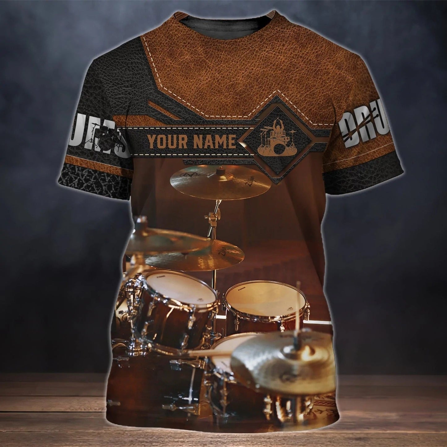 3D Print Brown T Shirt For A Drummer, Drum Print On Shirt Leather Pattern, Custom Shirt For A Drummer TO2522