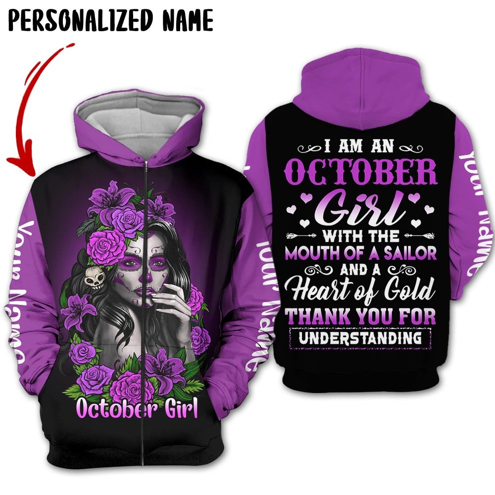 Personalized Name Birthday Outfit Birthday Outfit October Girl Sugar Skull Flower All Over Printed Birthday Shirt TO2818