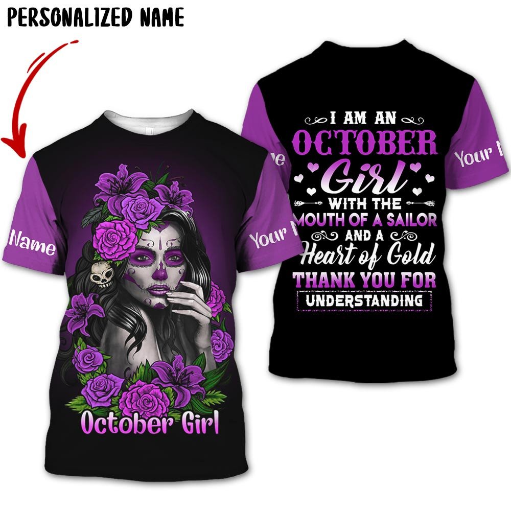 Personalized Name Birthday Outfit Birthday Outfit October Girl Sugar Skull Flower All Over Printed Birthday Shirt TO2818