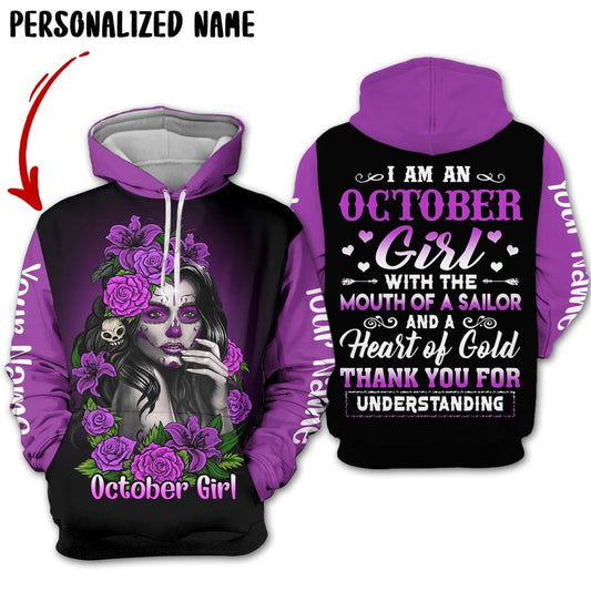 Personalized Name Birthday Outfit Birthday Outfit October Girl Sugar Skull Flower All Over Printed Birthday Shirt TO2818