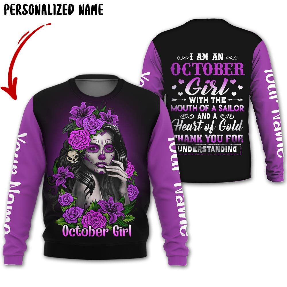 Personalized Name Birthday Outfit Birthday Outfit October Girl Sugar Skull Flower All Over Printed Birthday Shirt TO2818