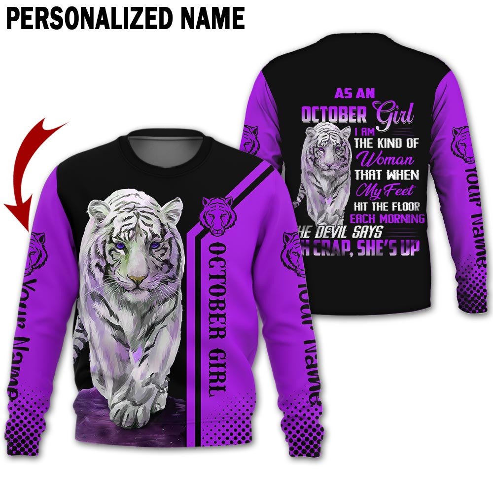 Personalized Name Birthday Outfit October Girl Tiger Purple She Up All Over Printed Birthday Shirt TO2820