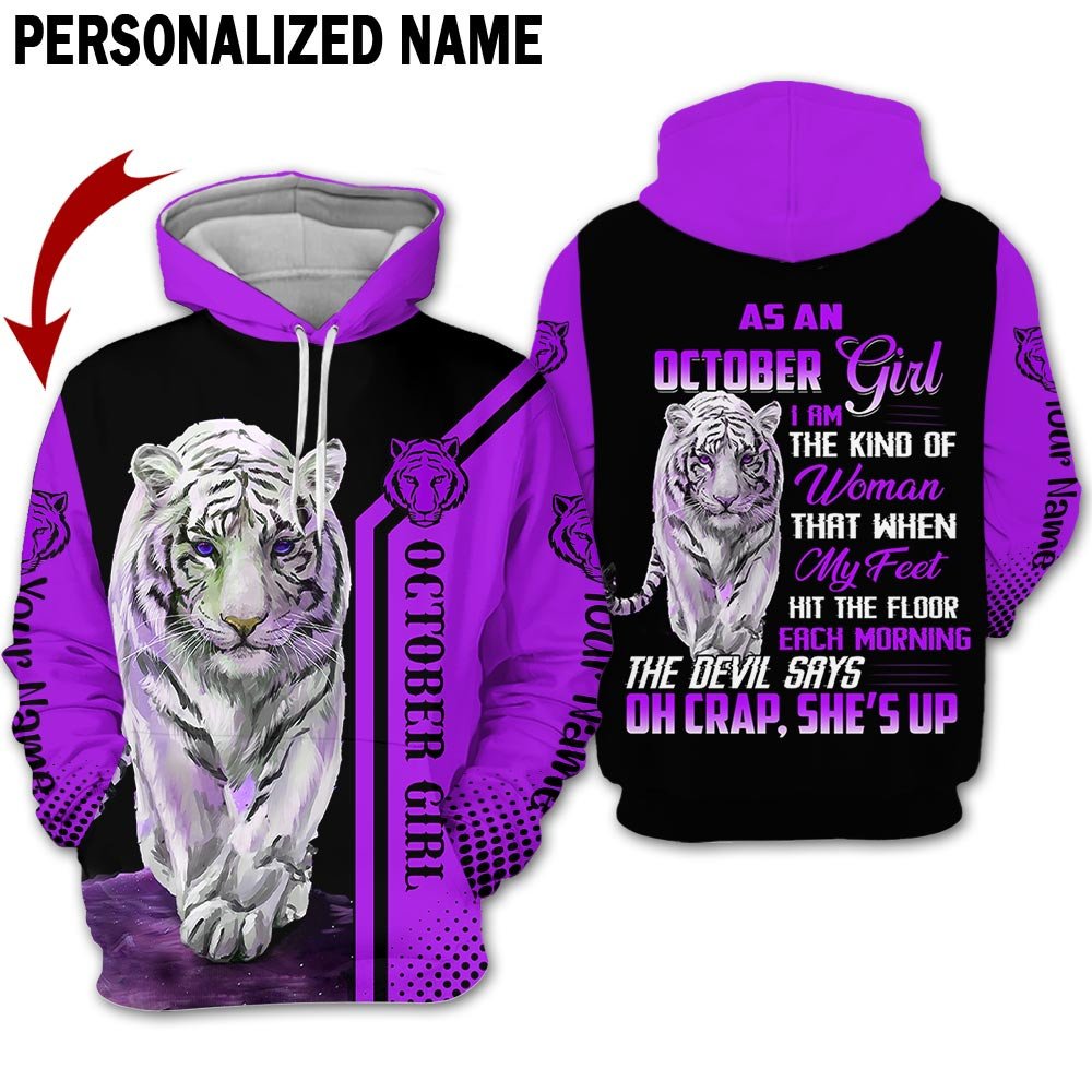 Personalized Name Birthday Outfit October Girl Tiger Purple She Up All Over Printed Birthday Shirt TO2820