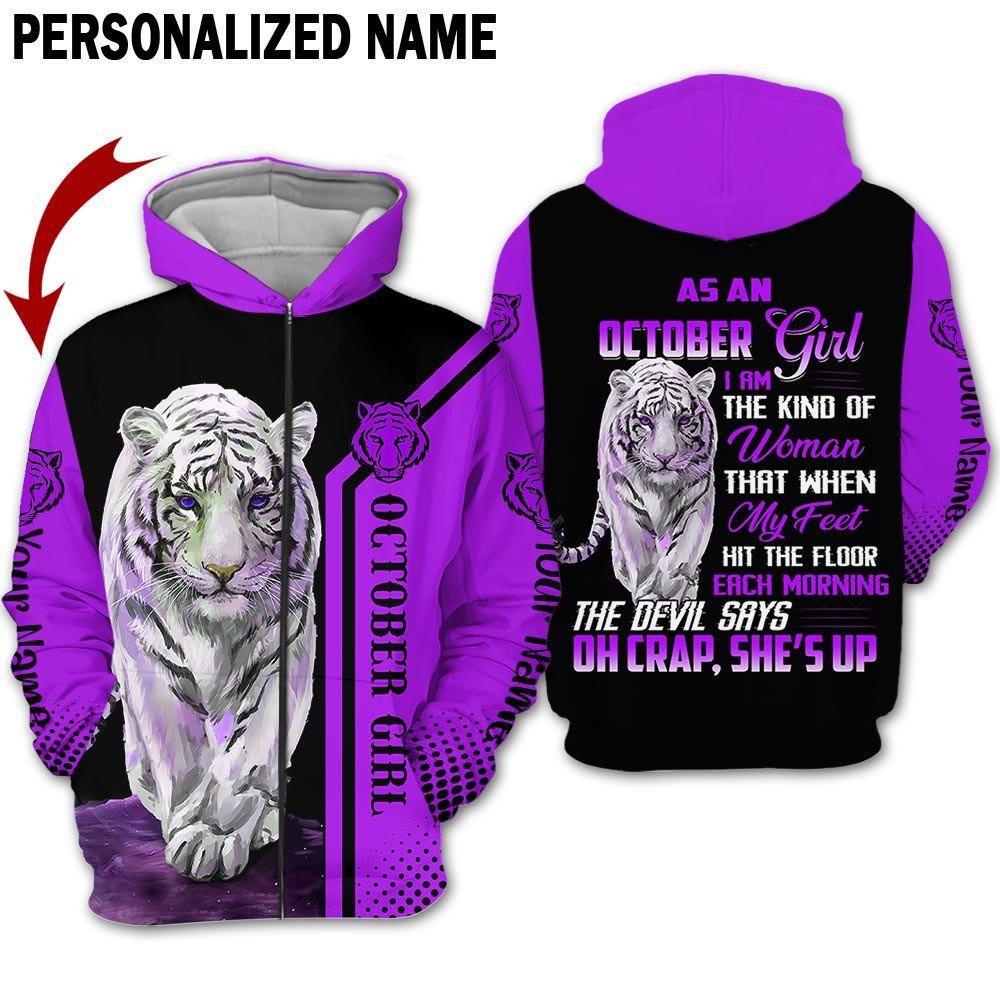 Personalized Name Birthday Outfit October Girl Tiger Purple She Up All Over Printed Birthday Shirt TO2820