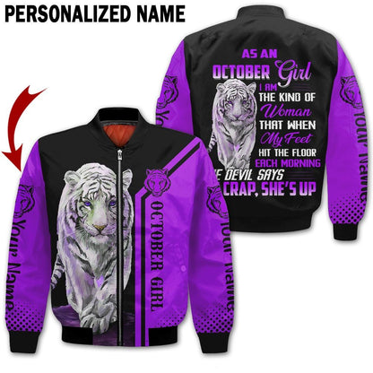 Personalized Name Birthday Outfit October Girl Tiger Purple She Up All Over Printed Birthday Shirt TO2820