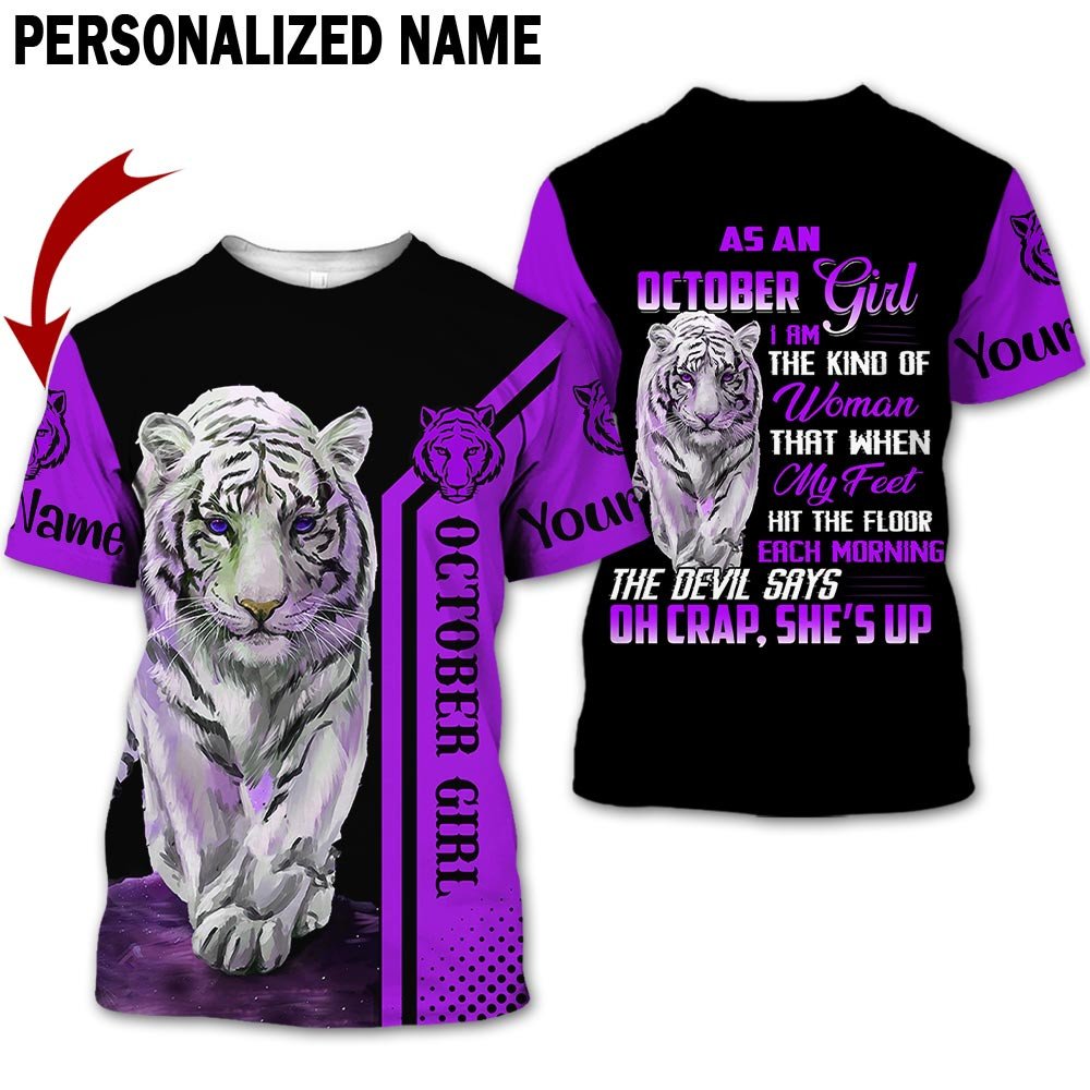 Personalized Name Birthday Outfit October Girl Tiger Purple She Up All Over Printed Birthday Shirt TO2820