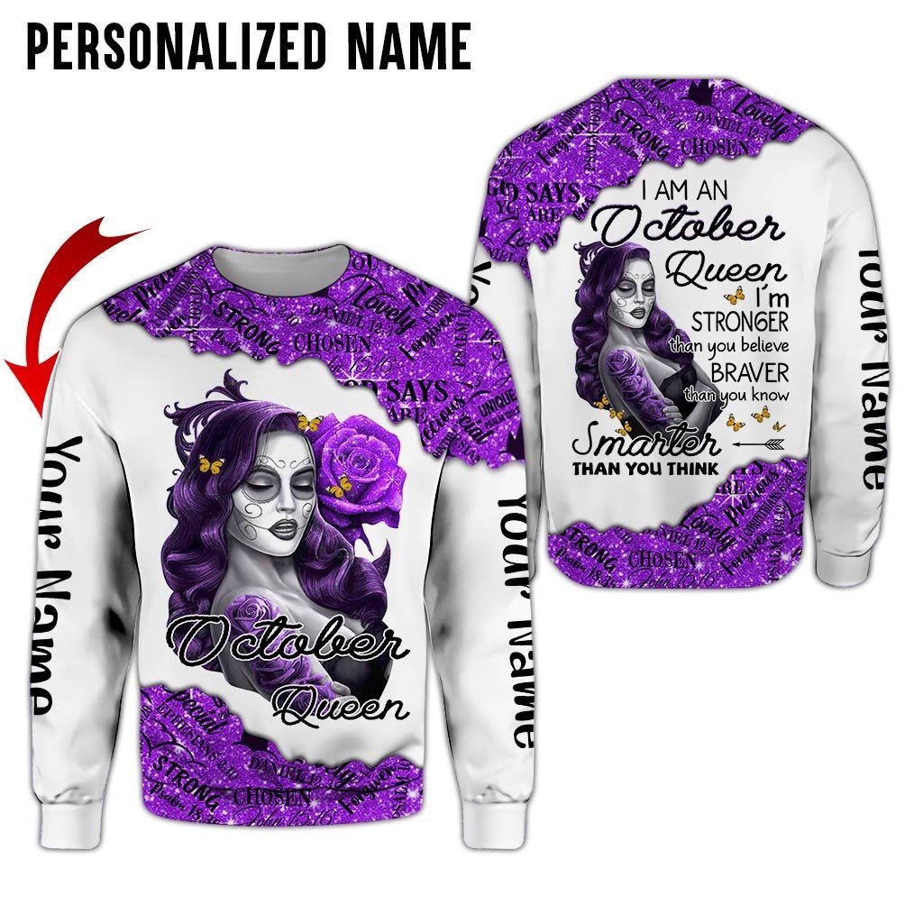 Personalized Name Birthday Outfit October Girl Sugar Skull Purple Flower All Over Printed Birthday Shirt TO2826