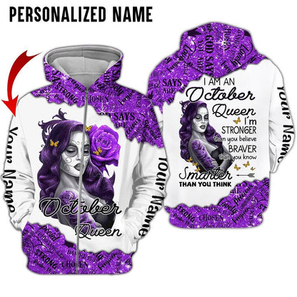 Personalized Name Birthday Outfit October Girl Sugar Skull Purple Flower All Over Printed Birthday Shirt TO2826