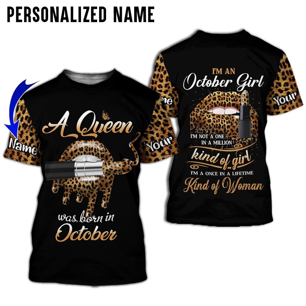 Personalized Name Birthday Outfit October Girl Leopard Skin Lipstick All Over Printed Birthday Shirt TO2815