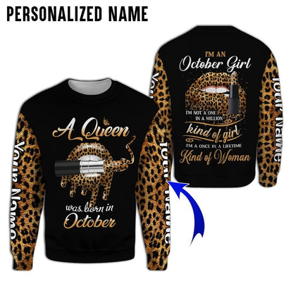 Personalized Name Birthday Outfit October Girl Leopard Skin Lipstick All Over Printed Birthday Shirt TO2815