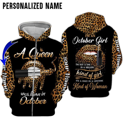 Personalized Name Birthday Outfit October Girl Leopard Skin Lipstick All Over Printed Birthday Shirt TO2815