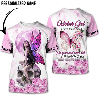 Personalized Name Birthday Outfit October Girl Skull Flower Pink Bufterfly All Over Printed Birthday Shirt TO2806