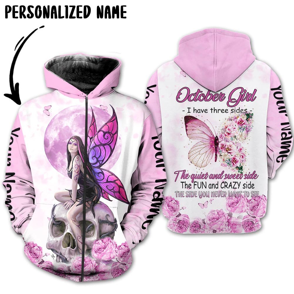 Personalized Name Birthday Outfit October Girl Skull Flower Pink Bufterfly All Over Printed Birthday Shirt TO2806