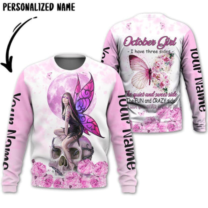 Personalized Name Birthday Outfit October Girl Skull Flower Pink Bufterfly All Over Printed Birthday Shirt TO2806