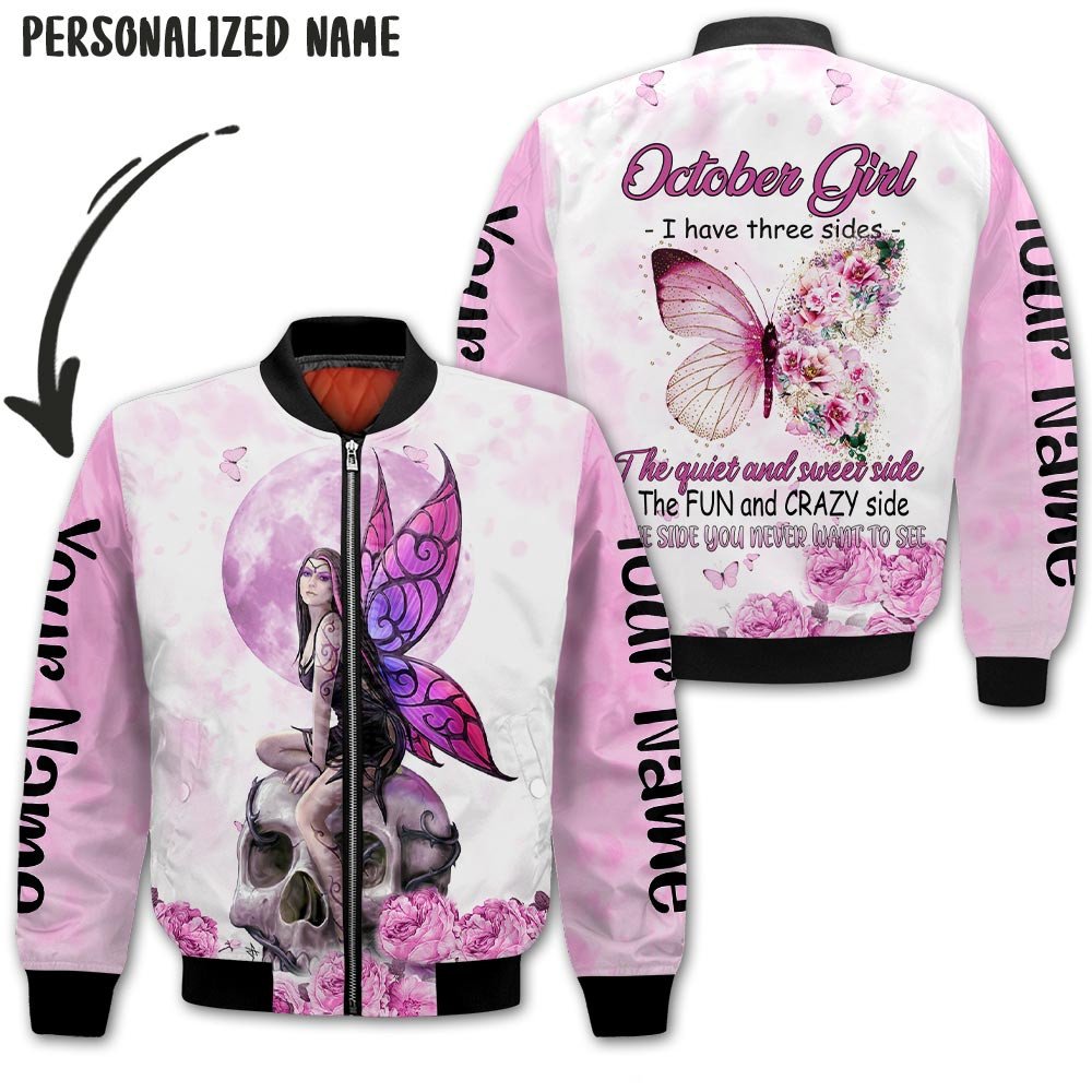 Personalized Name Birthday Outfit October Girl Skull Flower Pink Bufterfly All Over Printed Birthday Shirt TO2806