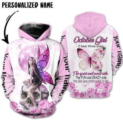 Personalized Name Birthday Outfit October Girl Skull Flower Pink Bufterfly All Over Printed Birthday Shirt TO2806