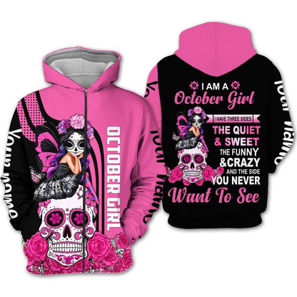 Personalized Name Birthday Outfit October Girl Sugar Skull Pink Love Style Birthday Shirt For Women TO2803