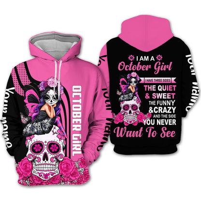 Personalized Name Birthday Outfit October Girl Sugar Skull Pink Love Style Birthday Shirt For Women TO2803