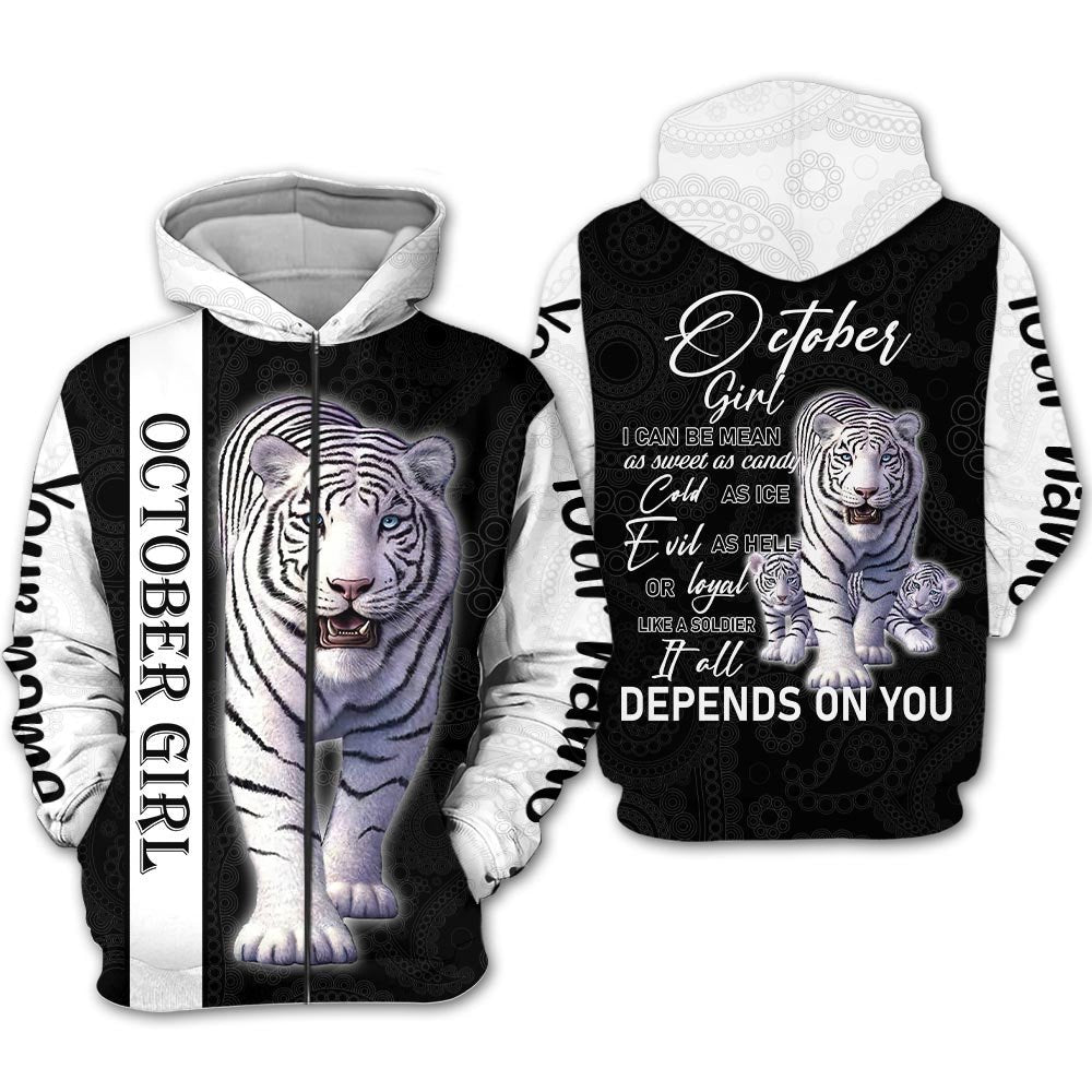 Personalized Name Birthday Outfit October Girl Tiger White Love Style Birthday Shirt For Women TO2800